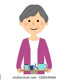 Illustration of a elderly woman preparing to drink tea.