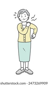 Illustration of an elderly woman putting her hand on her shoulder due to stiff shoulders or shoulder pain