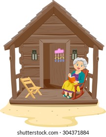 Illustration of an Elderly Woman Reading a Book in the Porch of Her Log Cabin