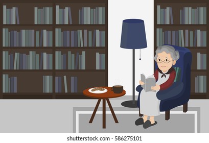 Illustration of an elderly woman reading a book.