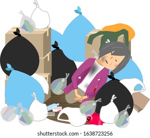 Illustration of an elderly woman in a room buried in garbage.