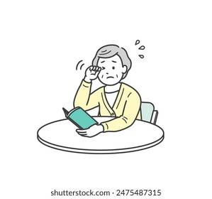 Illustration of an elderly woman rubbing her eyes with blurred vision