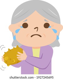 Illustration of the elderly. The elderly woman is saddened by an empty piggy bank.