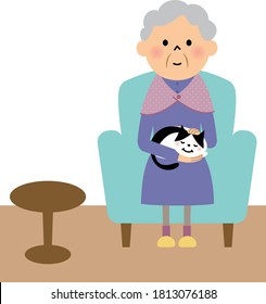 It is an illustration of an elderly woman sitting on the sofa holding a cat.