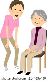 It is an illustration of an elderly woman sitting on a chair and a caregiver.