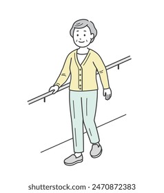 Illustration of an elderly woman smiling and doing walking training while holding onto a handrail