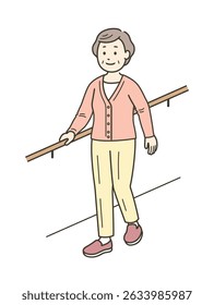 Illustration of an elderly woman smiling and doing walking training while holding onto a handrail