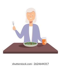 Ilustración de una mujer mayor sonriendo mientras sostiene un tenedor y una bebida, listo para cenar