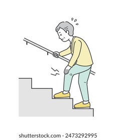 Illustration of an elderly woman struggling to climb stairs due to knee pain