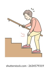 Ilustração de uma mulher idosa lutando para subir escadas devido à dor no joelho