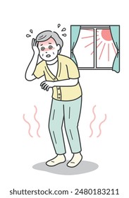 Illustration of an elderly woman suffering from heat stroke indoors and feeling dizzy