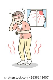 Illustration of an elderly woman suffering from heat stroke indoors and feeling dizzy