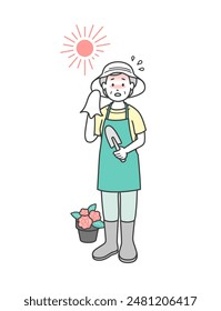 Illustration of an elderly woman suffering from heatstroke while gardening in the summer