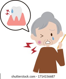 Illustration of an elderly woman suffering from hyperesthesia brushing teeth	