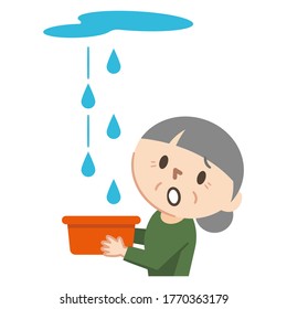 Illustration of an elderly woman suffering from rain leak