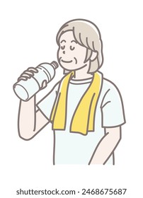 Illustration of an elderly woman taking a break for a drink of water