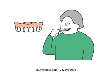Illustration of an elderly woman taking care of her oral cavity and her dentures