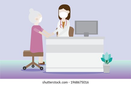 Illustration of elderly woman talking with  doctor in doctor room . Patient having consultation with doctor therapist in hospital. cartoon vector illustration.