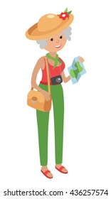 Illustration of elderly woman traveling isolated on white background. Senior woman holding bag and map in her hands. Senior woman tourist illustration on flat style.