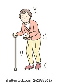 Illustration of an elderly woman with tremors walking cautiously with a cane