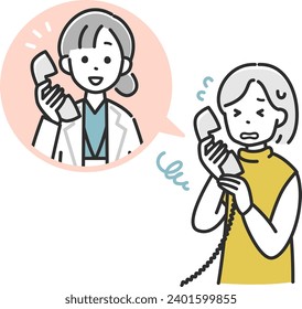 Illustration einer älteren Frau, die in Schwierigkeiten ist, einen Arzt am Telefon zu konsultieren