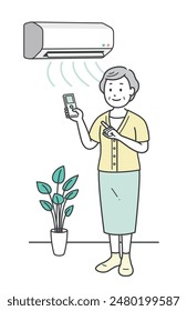 Illustration of an elderly woman turning on the air conditioner to control the temperature in the room in summer