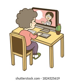 Illustration of an elderly woman using a computer to receive a remote medical examination. Vector illustration on white background.