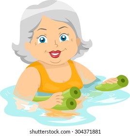 Illustration of an Elderly Woman Using Floaters to Swim