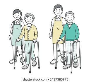 Illustration of an elderly woman using a walker and a person assisting an elderly man