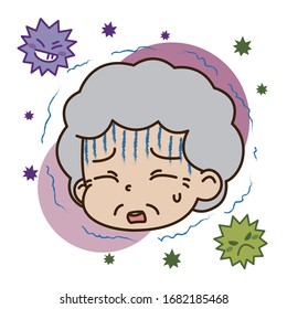 Illustration of an elderly woman and a virus feeling cold and chills