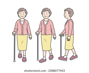 Illustration of an elderly woman walking with a cane seen from various angles