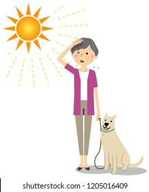 It is an illustration of an elderly woman walking a dog in the heat