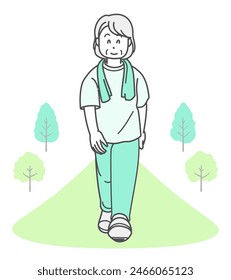Illustration of an elderly woman walking to stay healthy (summer clothes)