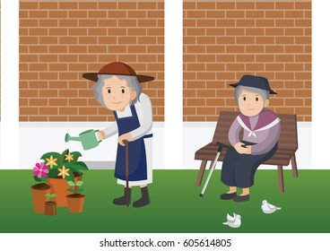 Illustration of an elderly woman watering a plants. Elderly woman sitting on the bench in front of brick wall.