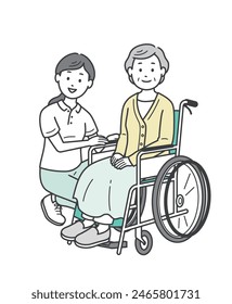 Illustration of an elderly woman in a wheelchair and a female caregiver assisting her