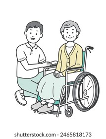 Illustration of an elderly woman in a wheelchair and a male caregiver assisting her