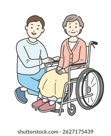 Illustration of an elderly woman in a wheelchair and a male caregiver assisting her