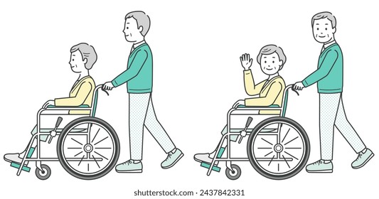 Illustration of an elderly woman in a wheelchair and an elderly man assisting her