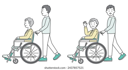 Illustration of an elderly woman in a wheelchair and a young man assisting her svg