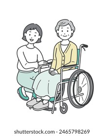 Illustration of an elderly woman in a wheelchair and a young woman assisting her