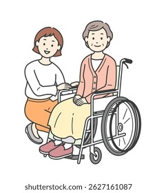 Illustration of an elderly woman in a wheelchair and a young woman assisting her