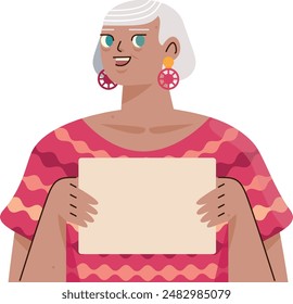 Ilustración de una anciana con el pelo blanco sosteniendo un cartel para añadir texto personalizado, un personaje sonriente y alegre para comunicar información a un público mayor.