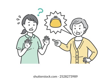 Illustration of an elderly woman who is angry because she has a delusion that her wallet has been stolen and a confused caregiver