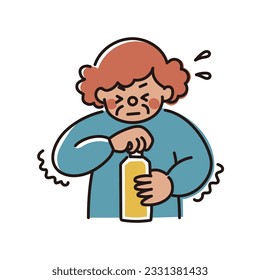 It is an illustration of an elderly woman who cannot open the lid of a plastic bottle.Easy-to-use vector material.