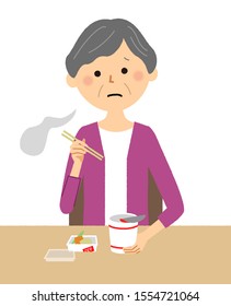 It is an illustration of an elderly woman who eats cup noodles.