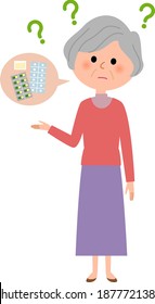 It is an illustration of an elderly woman who forgets to take medicine.