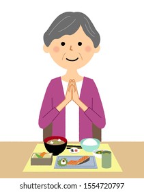 It is an illustration of an elderly woman who starts a meal.