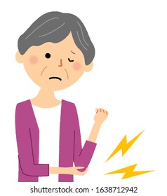 Illustration of an elderly woman whose elbow hurts.