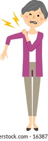 Illustration of an elderly woman whose shoulder hurts.