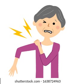 Illustration of an elderly woman whose shoulder hurts.